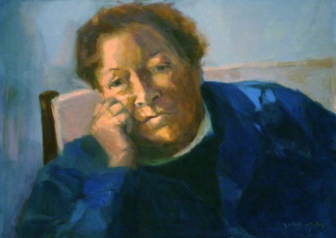 רבקה ססובר פלד, חדי בחלוק כחול, 1992, שמן על בד