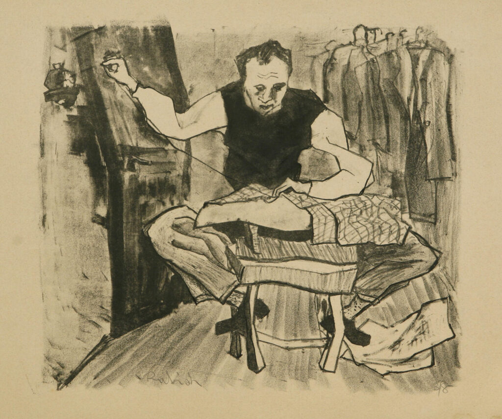5. דוד רקיע, החייט, 1956, הדפס אבן על נייר. צילום: ניר שאנני